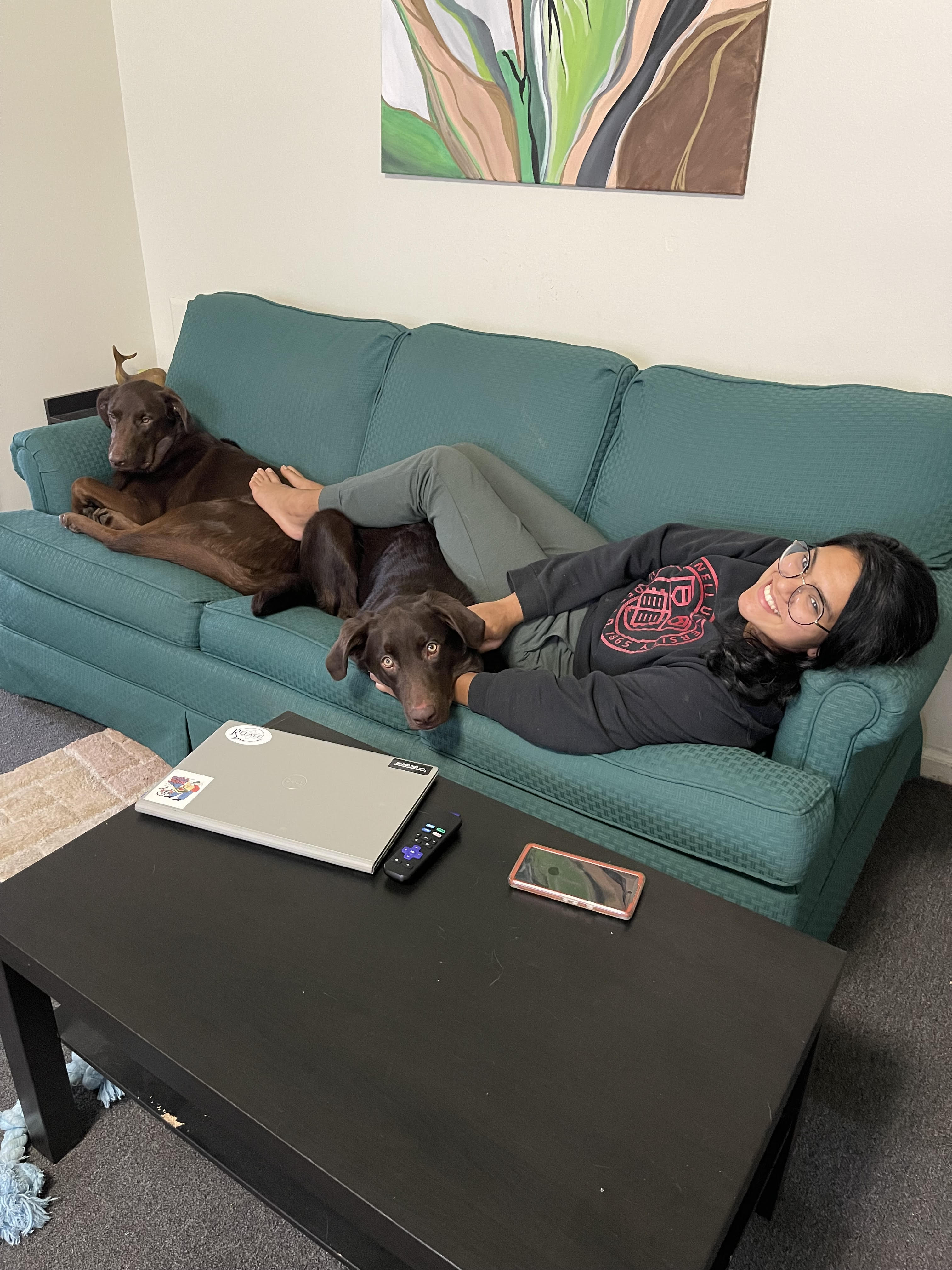 large brown labrador with his twin and his human mom Saaj